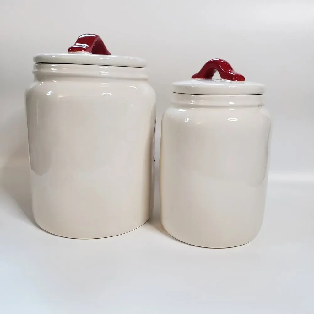 Rae Dunn NWOT Set of 2 Joy & Cheer Food Storage Kitchen Canisters Red & White